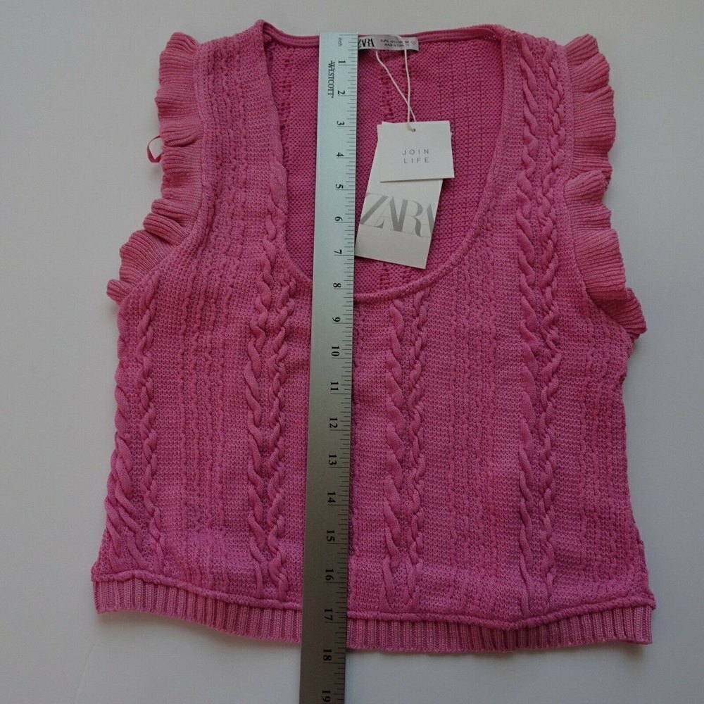 NWT Zara Sleeveless Ruffle Top Blouse Cable-Knit Pink Scoop Neck Stretch L - Picture 11 of 13